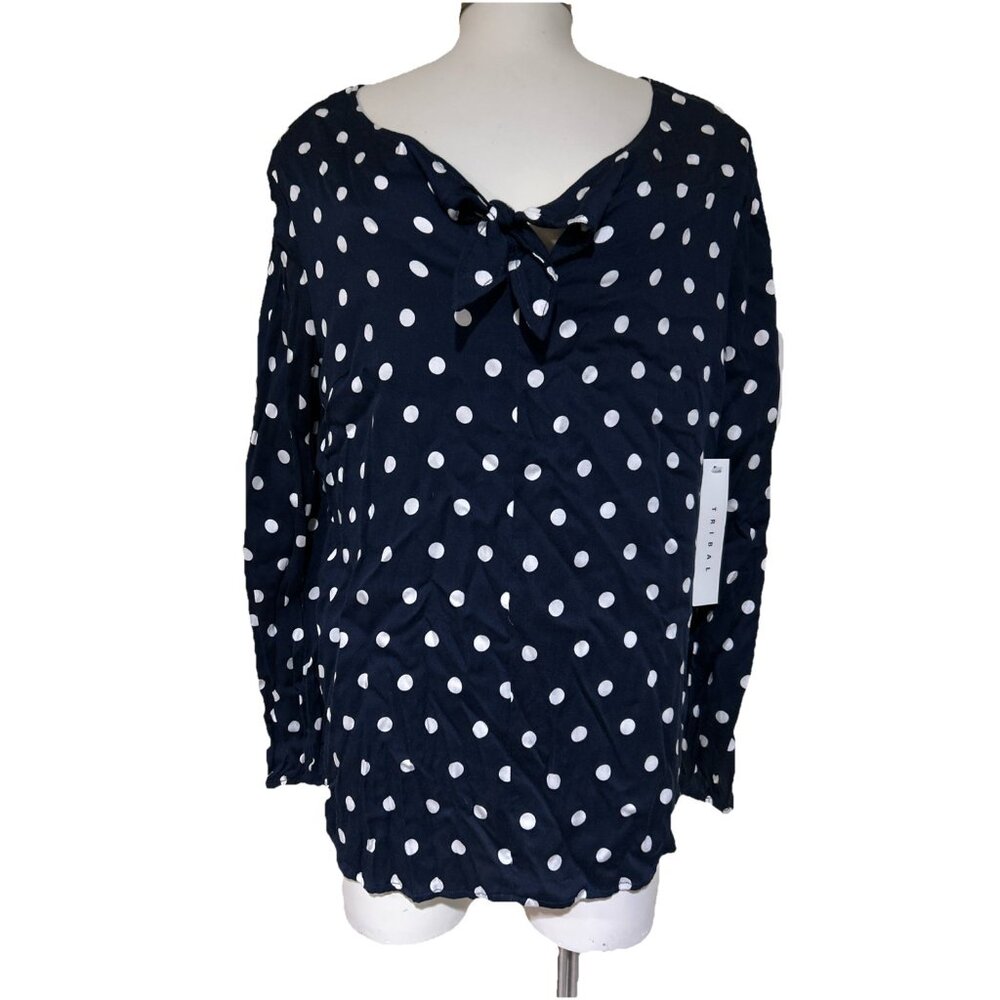 Tribal Polka Dot Navy Tie Blouse Women Statement Top Y2K Size M New